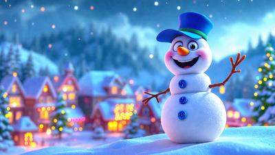 The primary subject of the image is a snowman, which is the main object, scene, or focus of the image. The setting/background features a snowy landscape with a house in the background. The visual style of the image is digital art, as it is a computer-generated illustration. The dominant colors and overall atmosphere of the image are white and cold, as it is a winter scene with snow on the ground.